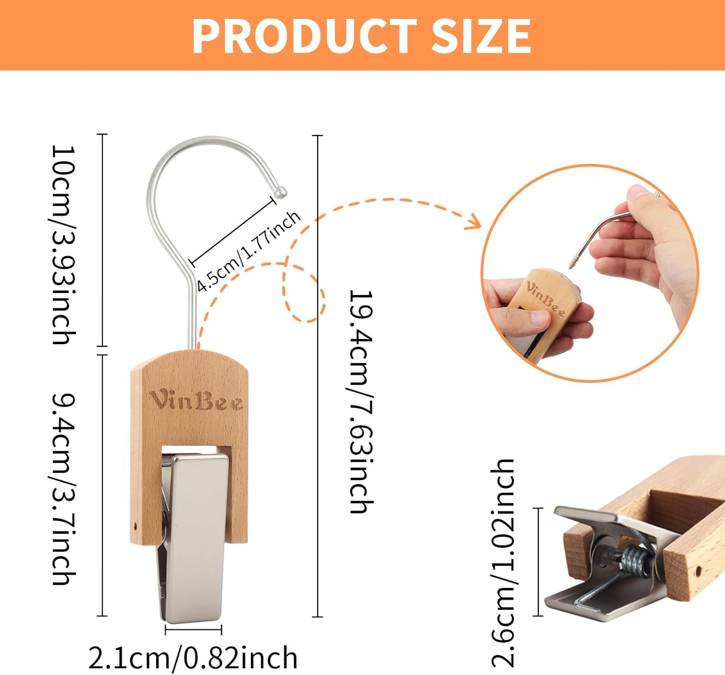 VinBee 6 PCS Hooks with Clips for Hanging,Wooden Laundry Hooks Hanging Clips Hook,Clothes Pins with Hook,Wooden Closet Organizer Clamps Clothes Clip Laundry Clip with Hook for Pants Hats Socks Gloves