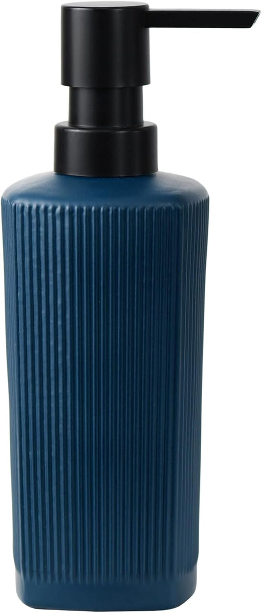 12 oz Glass Soap Dispenser with Vertical Stripe with Black Plastic Rustproof Pump, Small Refillable Soap Dispenser for Kitchen and Bathroom (Dark Blue)