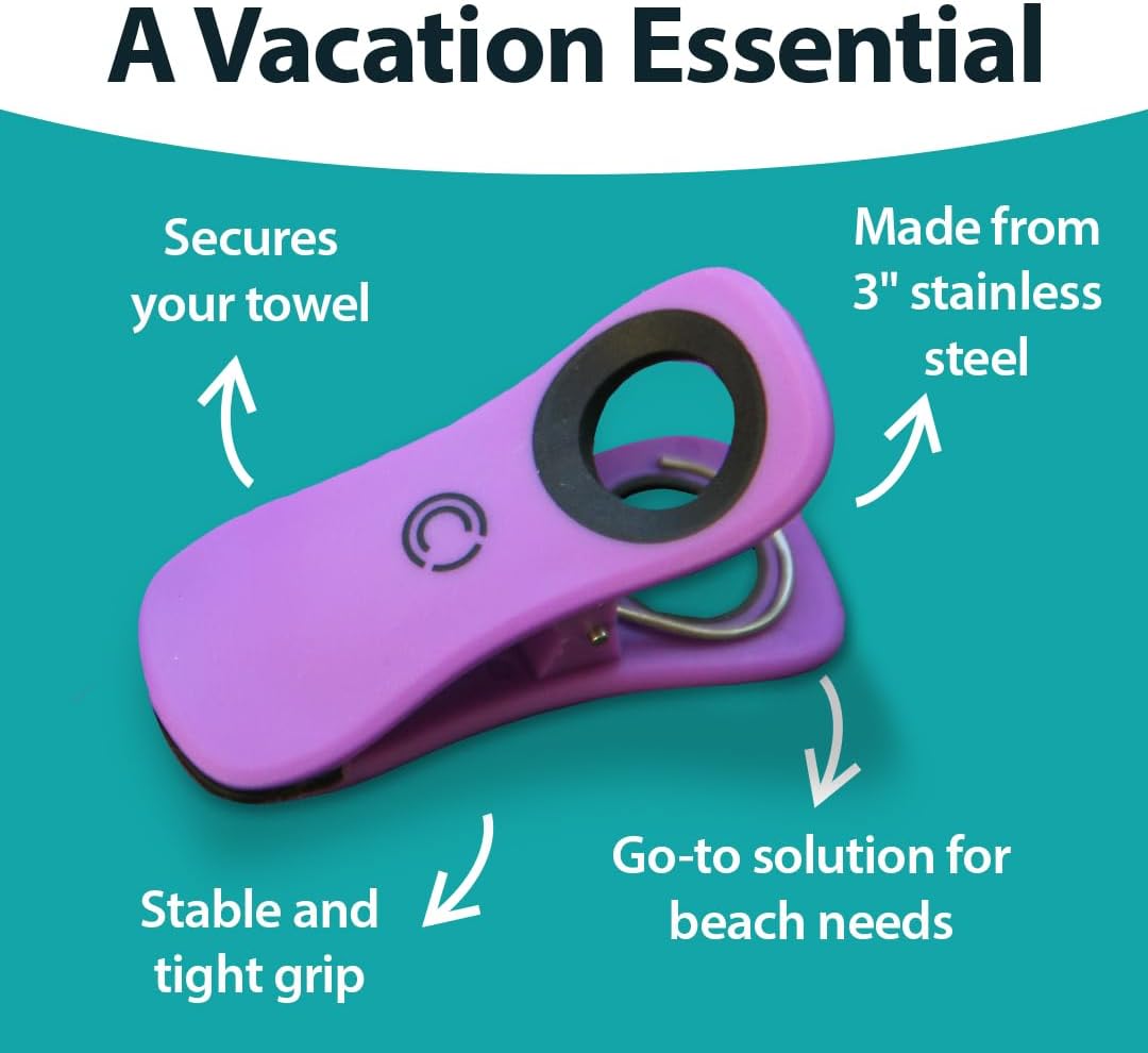 CoreClips Towel Clips for Beach Chairs - Set of 4 Pool Towel Holder Clips for Lounge Chairs on Cruise, Large 2.5” Opening Heavy Duty Clip for Towels on Boat Loungers with Travel Pouch - Purple