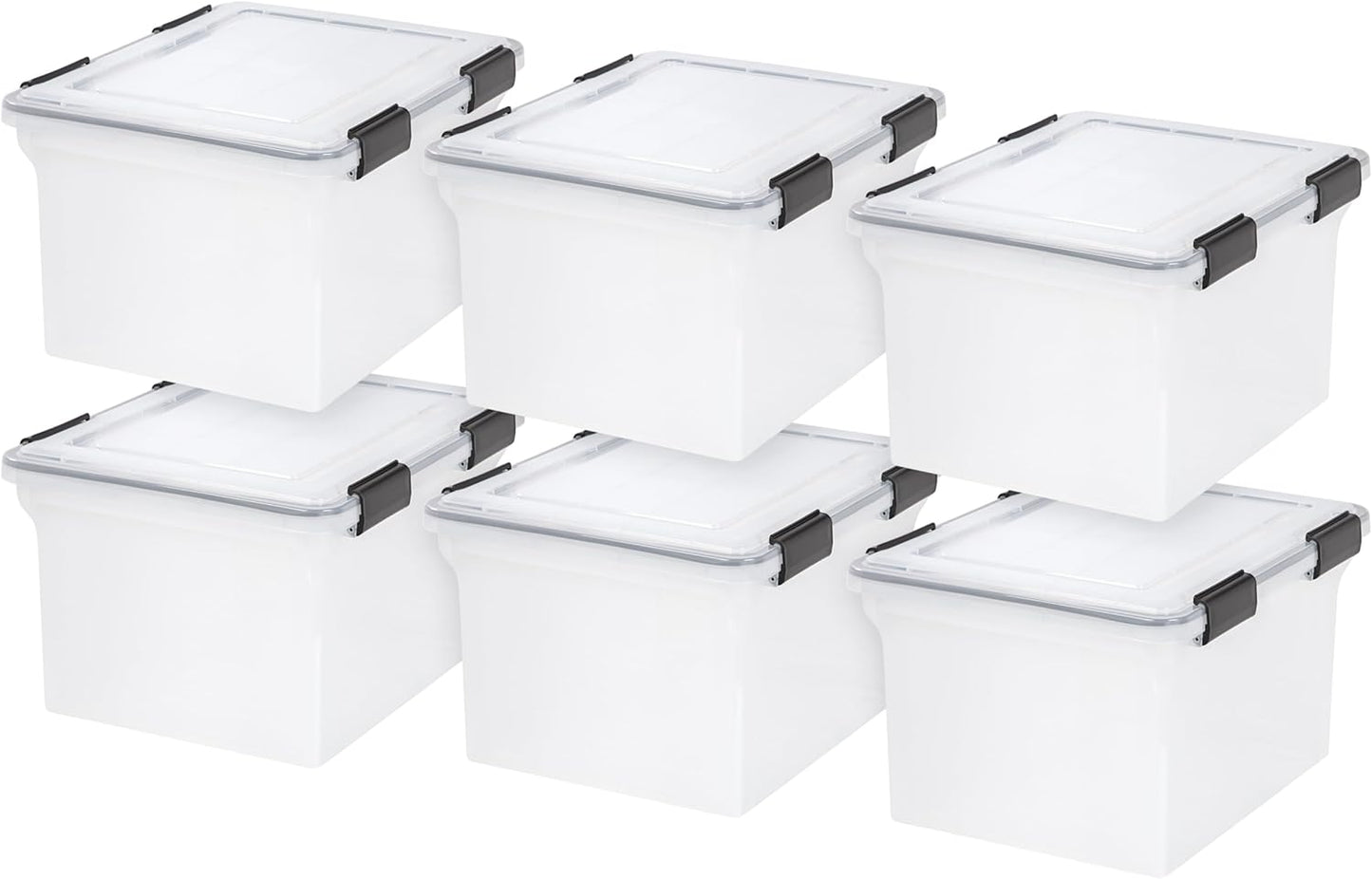 IRIS USA 32 Quart WEATHERPRO Plastic Storage Box with Durable Lid and Seal and Secure Latching Buckles, Clear with Black Buckles, 6 Pack