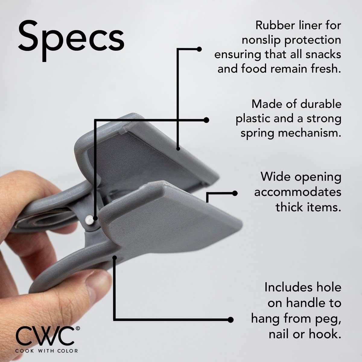 COOK WITH COLOR Bag Clips - Heavy Duty Chip Clip and Refrigerator Magnet Clips for Food Storage with Air Tight Seal Grip, Grey, Pack of 4 Large Clips