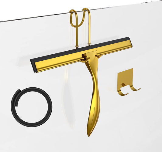 Shower Squeegee Set, 10-Inch Stainless Steel Squeegee for Bathroom, Shower Doors, Mirrors, Tiles, and Car Windows - 100% Streak Free, Includes Shower Door Hook, Adhesive Hook and Spare Silicone Blade