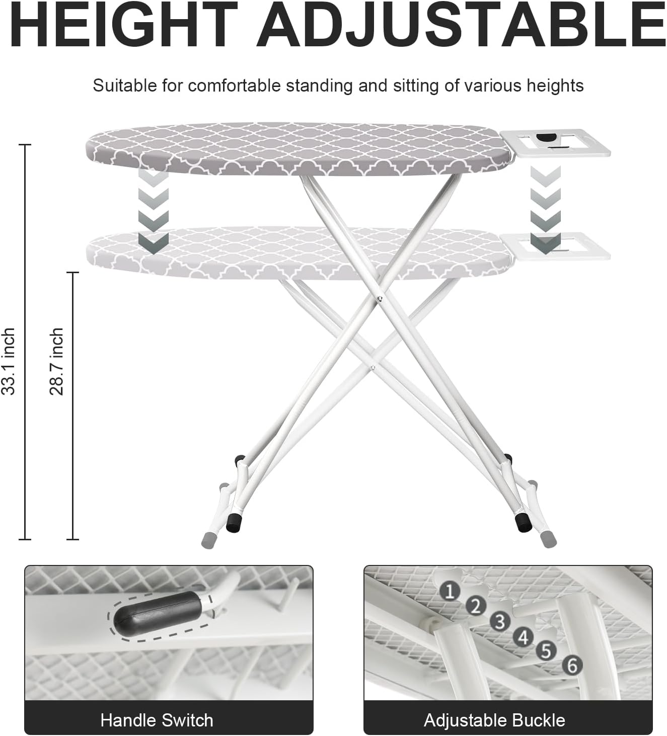Ironing Board,Foldable Ironing Board Adjustable Height Compact Iron Board Thick Steel Tube Iron Board with Holder,Replacing Cloth Cover and Mini Handheld Gloves (Grey Texture)