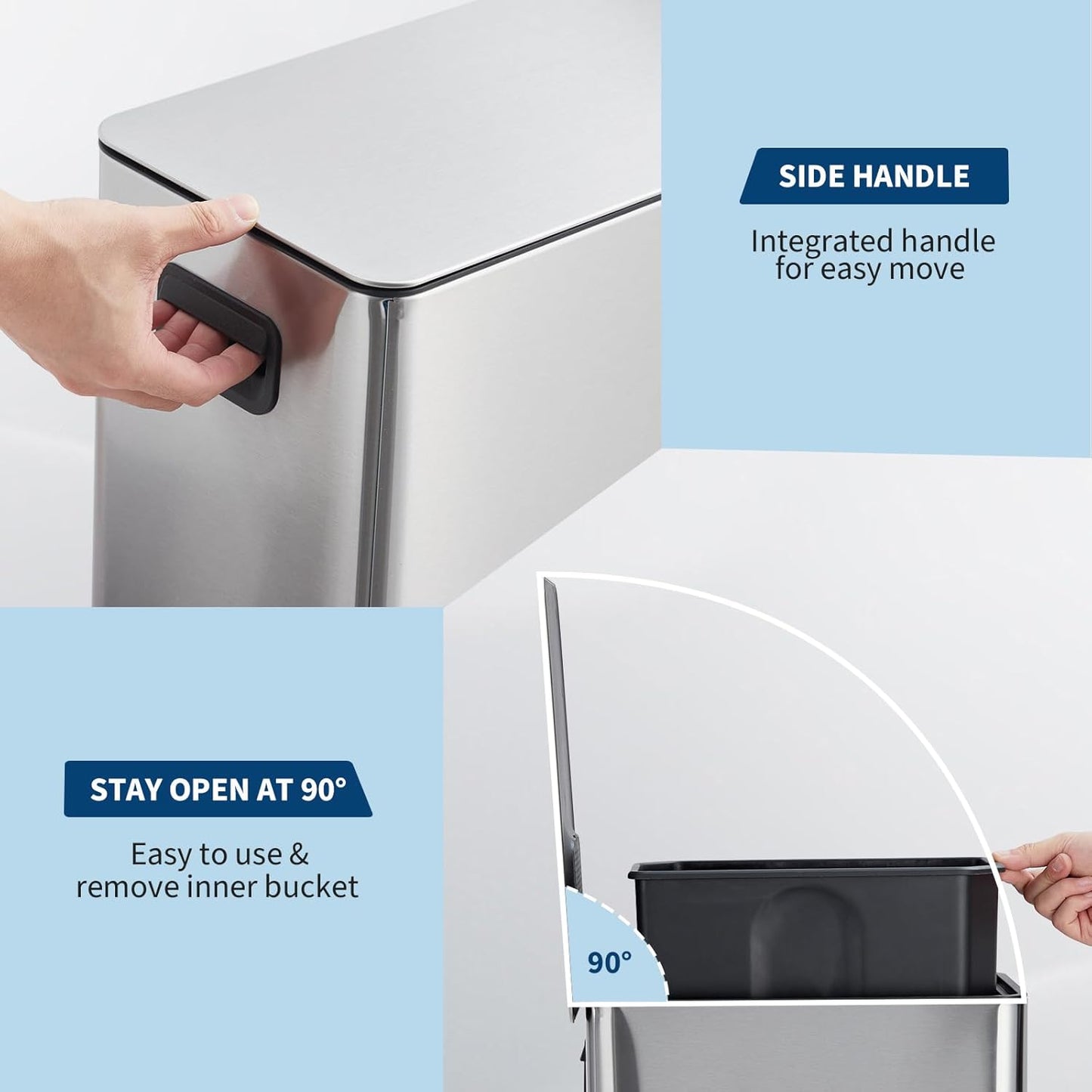 GarveeHome 4 Gallon Step Trash Can, 15 Liter Stainless Steel Rubbish Bin with Removable Inner Bucket, Rectangle Slim Garbage Can with Soft-Close Lid for Bathroom, Living Room, Office, Silver