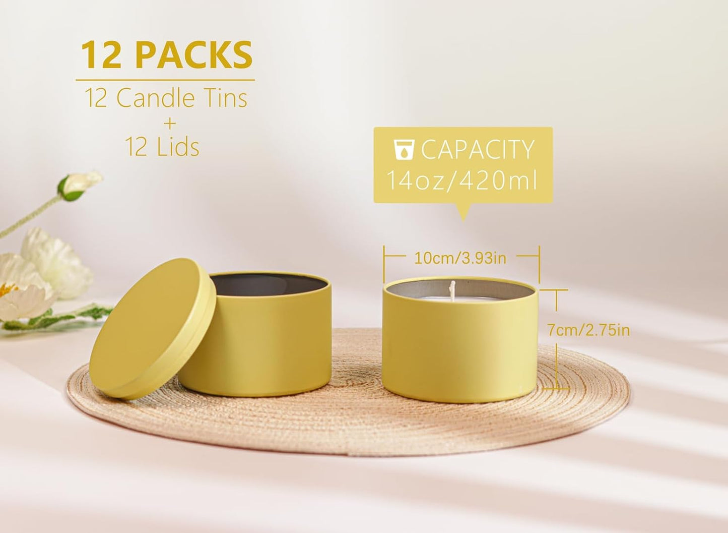 Aroparc Candle Tins with Lids, 3 Wicks Candle Containers 12 Pack 14oz/420ml Seamless Bulk Candle Containers for Candle Making Supplies Wholesale Empty Candle Jars - Lemon