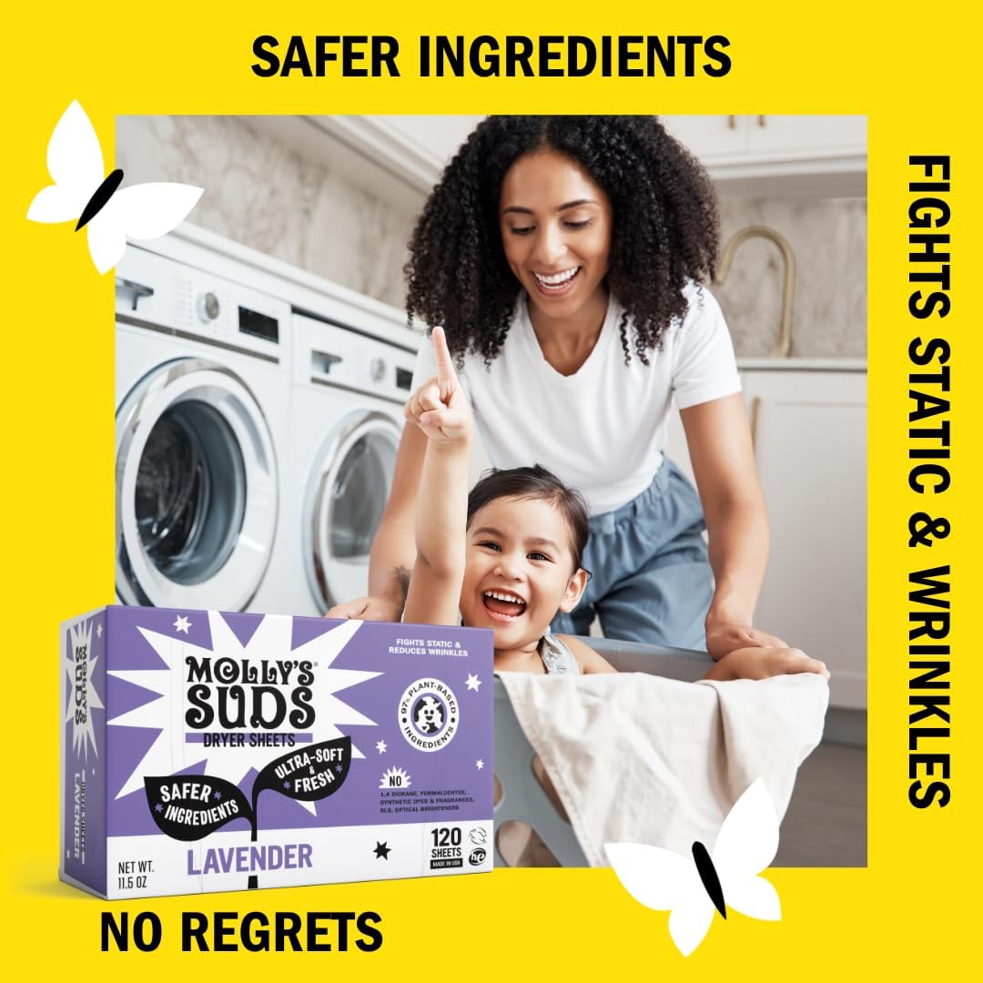 Molly's Suds Fabric Softener Dryer Sheets for Sensitive Skin | Plant-Based Static Reducer, Plastic-Free Packaging | Bundle of 2, Lavender (240 Sheets Total)