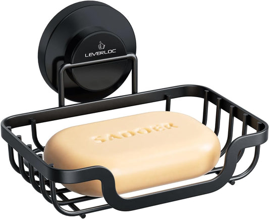 LEVERLOC Soap Dish, Soap Bar Holder for Shower Suction Cup Wall Mounted, Stainless Steel No-Drilling Removable Waterproof Sponge Holder for Bathroom Bathtub Kitchen Sink, Keep Dry, Black