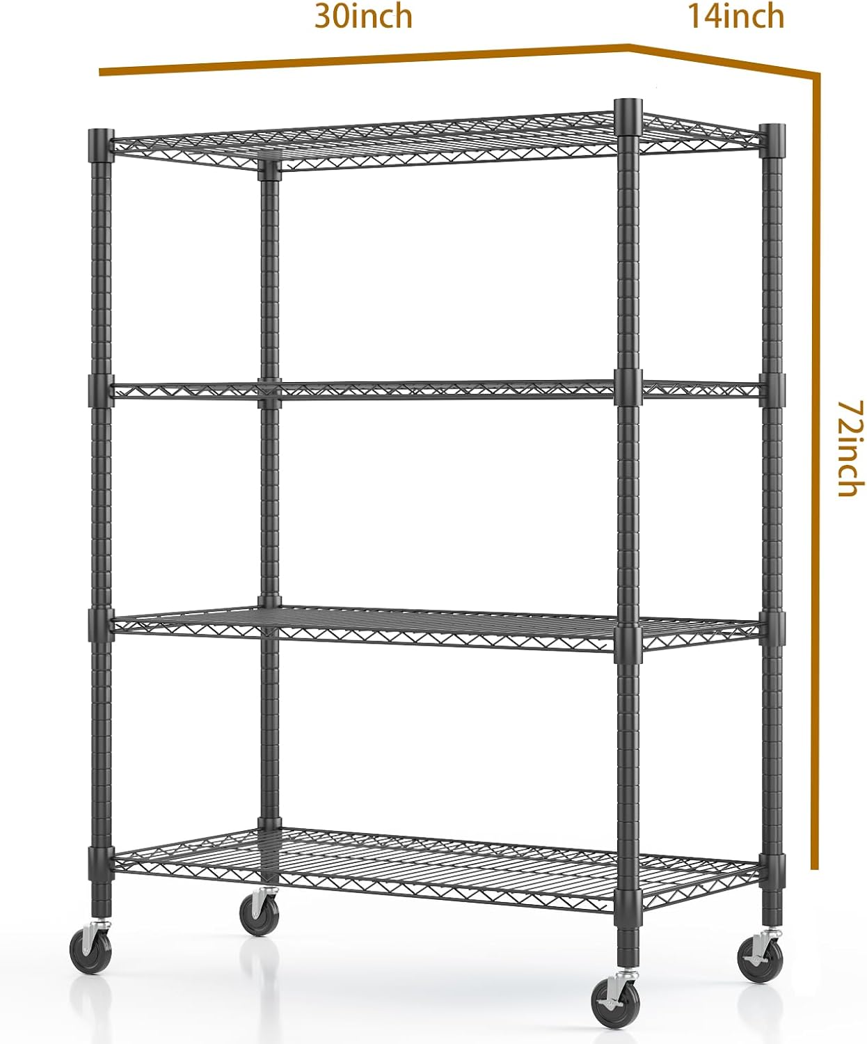 Himimi 72" H Wire Shelving Unit Storage, Metal Storage Shelves with Wheels, Heavy Duty Shelves with 4-Tier Adjustable Layer Rack Strong Steel for Kitchen Pantry Basement, 14" D×30" W×72" H, Black