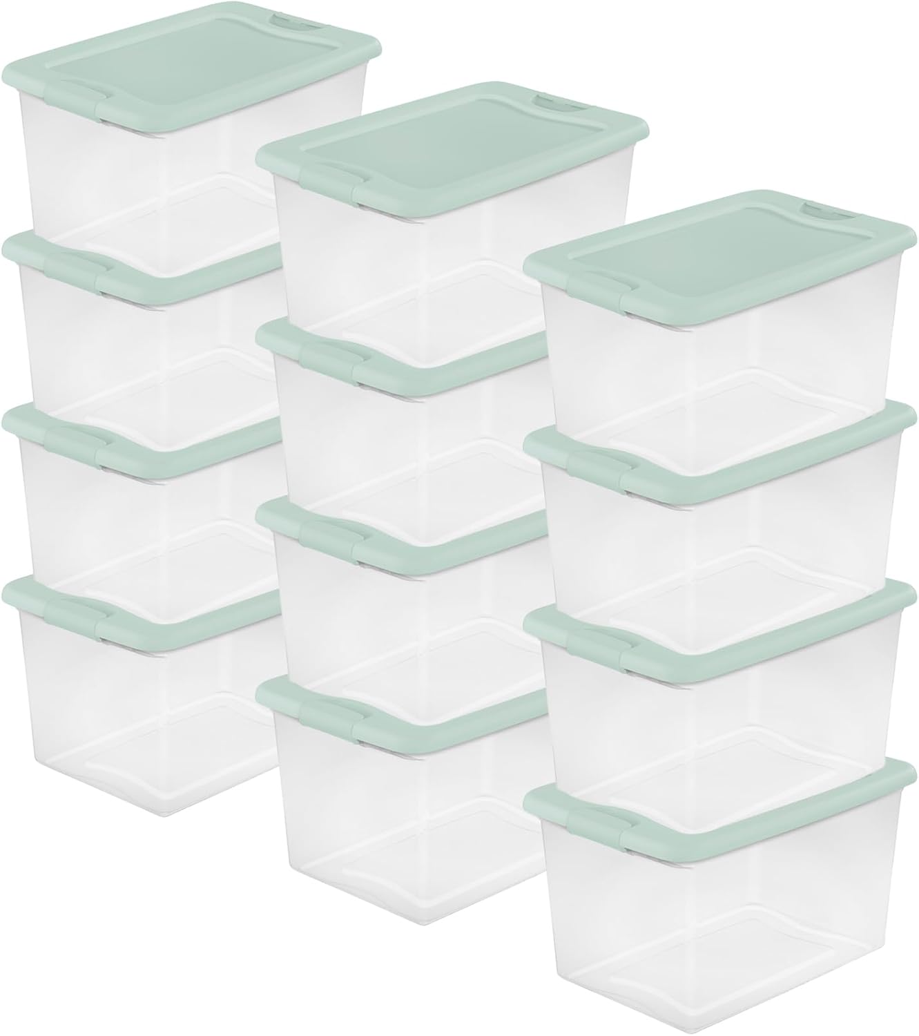 Sterilite 12 Pack Latching Box, Clear Plastic Stackable Storage Bin with Lid, 64 Quart, Mindful Mint