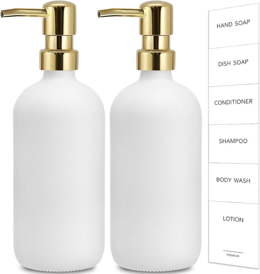GMISUN White Soap Dispenser, 2 Pack Glass Hand Soap Dispensers Bathroom with Gold Pump, 17 Fl Oz Dish Soap Dispenser Set for Kitchen, Refillable Modern Liquid Soap and Lotion Dispensers Bottle