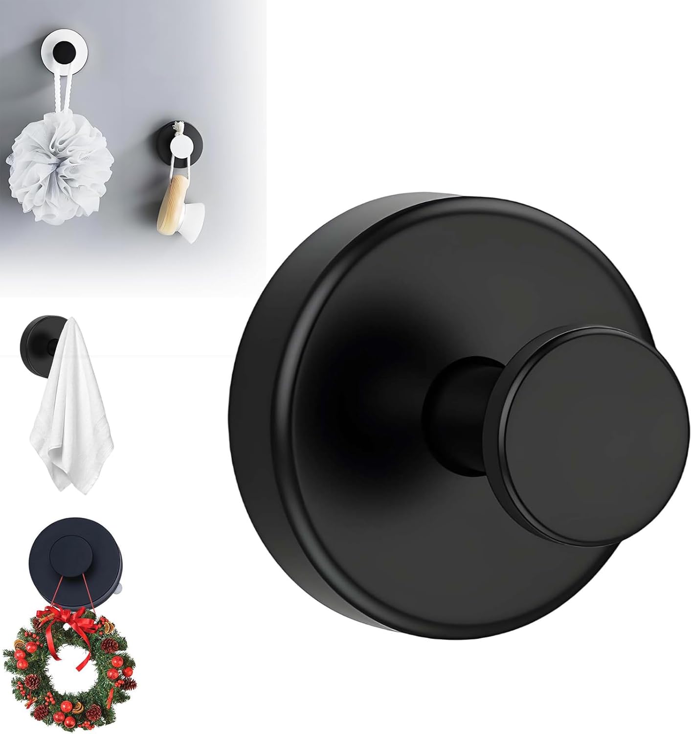 Suction Cup Hooks for Wreaths, 2025 New No Drill Suction Cup Hooks on Glass, Wreath Hanger for Front Door, Rustproof Hook Holder Towel Hook for Window Bathroom Mirrors Tile (1, Black)