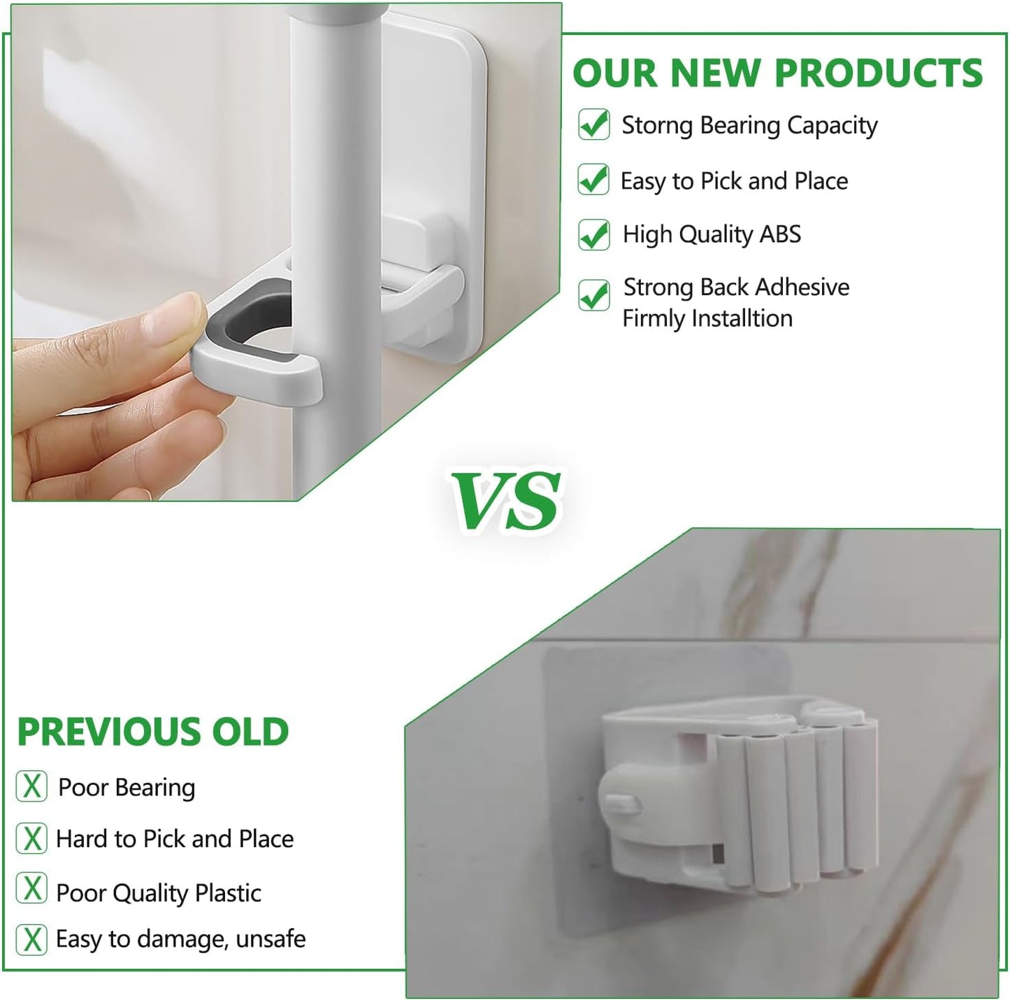 4pack Broom Holder Wall Mount Mop Holder Broom and Mop Gripper Self Adhesive No Drilling Anti-Slip Mop Handle Hanger Household Cleaning Organizer, Holds up to 6 lb