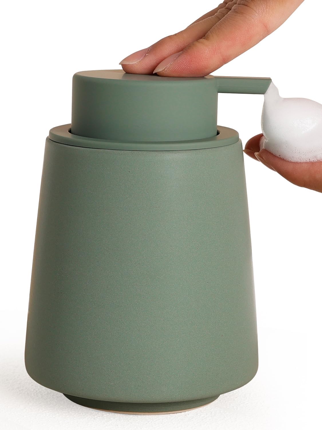 INGOFIN Ceramic Foaming Soap Dispenser -14 oz Foam Hand Soap Dispenser Bathroom Modern Refillable Dish Wash Bottle for Kitchen with Large Pump Matte Green