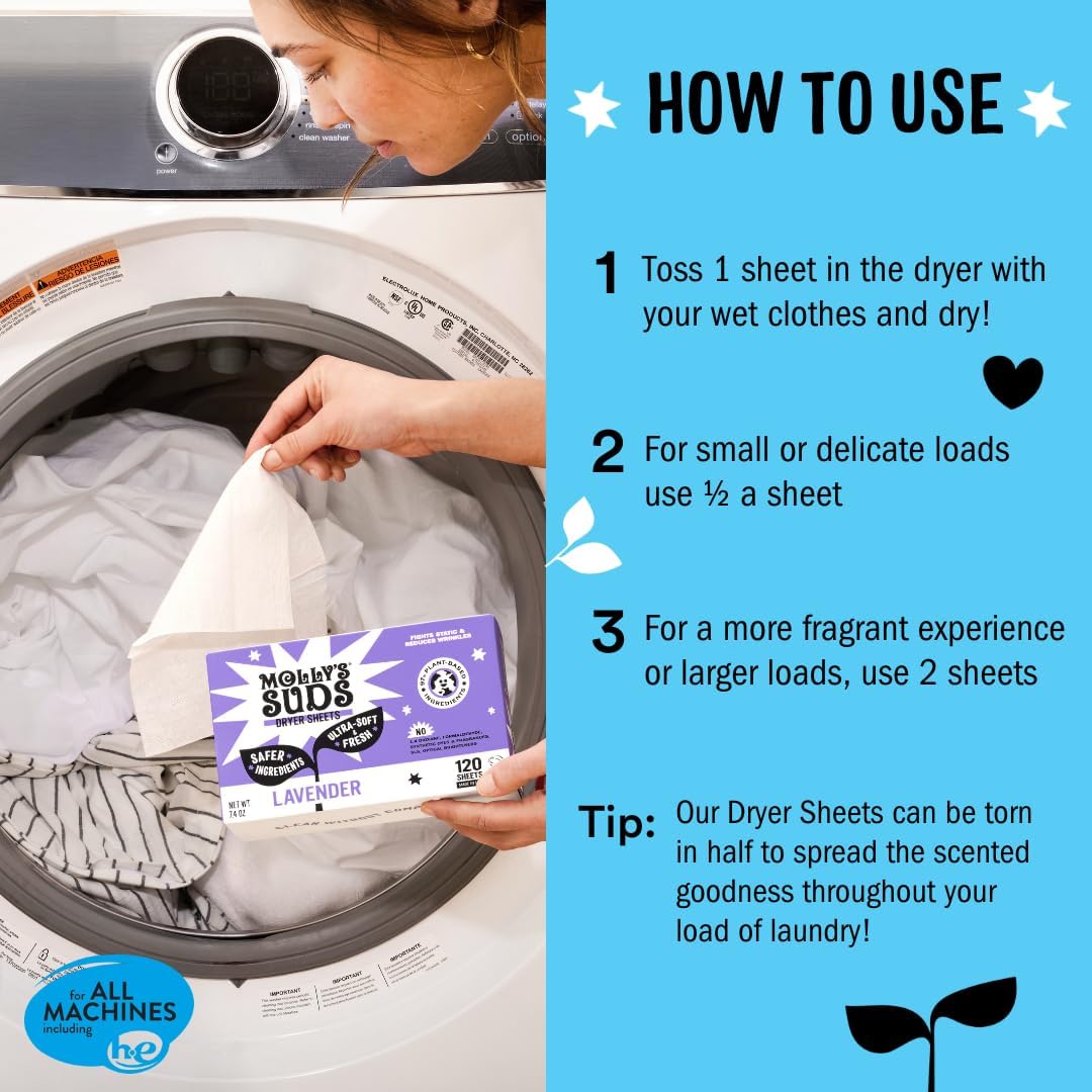 Molly's Suds Fabric Softener Dryer Sheets for Sensitive Skin | Plant-Based Static Reducer, Plastic-Free Packaging | Bundle of 2, Peppermint (240 Sheets Total)