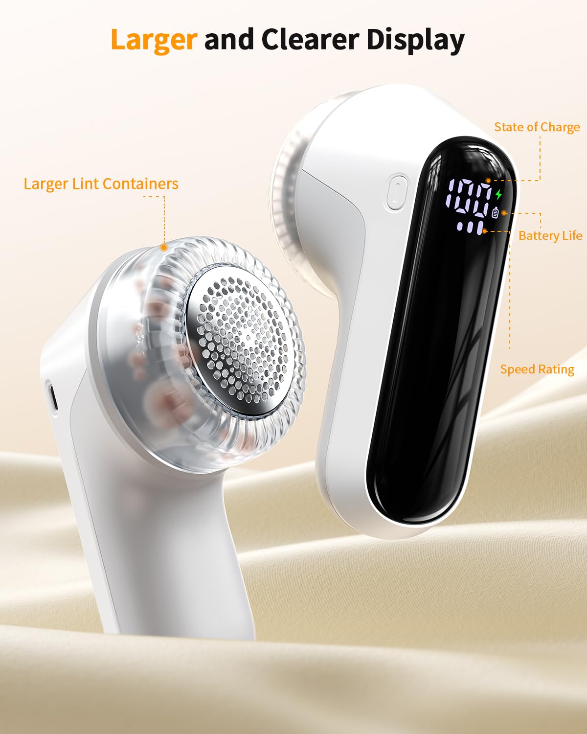 Fabric Shaver, Rechargeable Lint Shaver with Digital Display, Electric Portable Sweater Shaver with 6-Leaf Blades and Safety Lock, 3-Speeds Lint Remover to Remove Pilling for Clothes, Furniture White