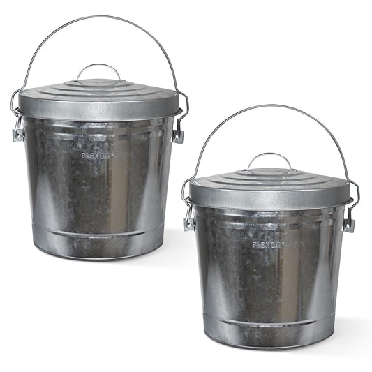 Plexon 6 Gallon Small Metal Trash Can with Locking Lid Galvanized Metal Bucket with Lid for Poultry Feed Bird Seed Storage Ash Outdoor Garbage Trash Bin 2 Pack