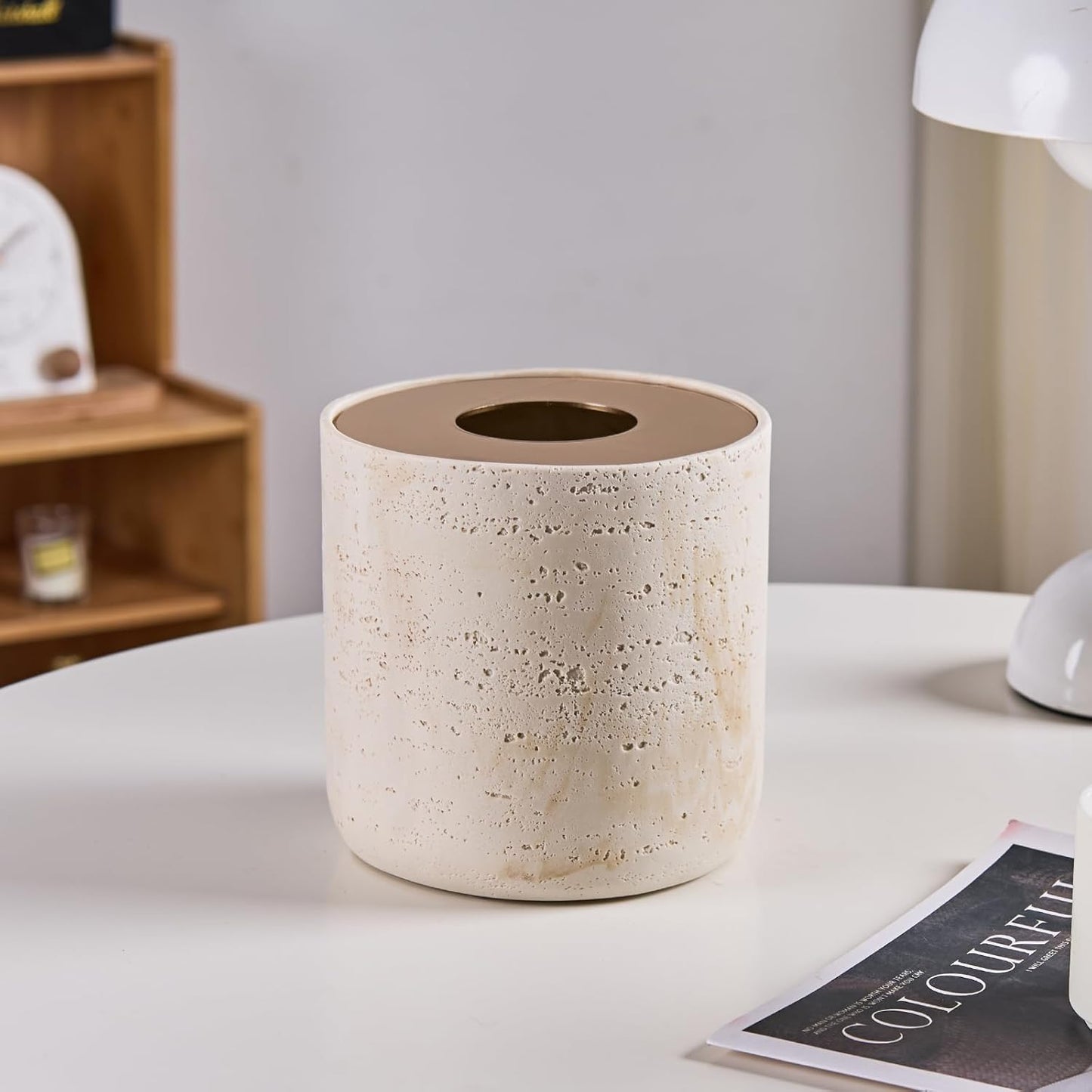 Natural Travertine Textures Mini Trash Can with Rose Gold Stainless Steel Lid, Mini Countertop Trash Can for Bathroom Kitchen, Desk or Table top Mini Garbage Can, Resin Tiny Waste Basket for Vanity