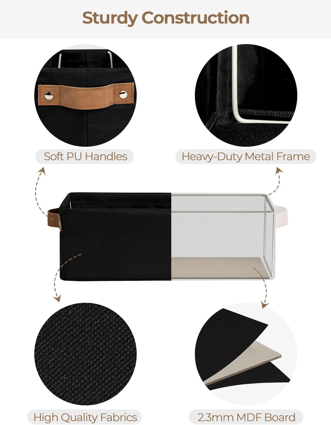 StorageWorks Narrow Storage Bins, Small Basket for Closet and Shelves, Fabric Organizer with Handles, Toilet Paper Storage, Black, 2-Pack