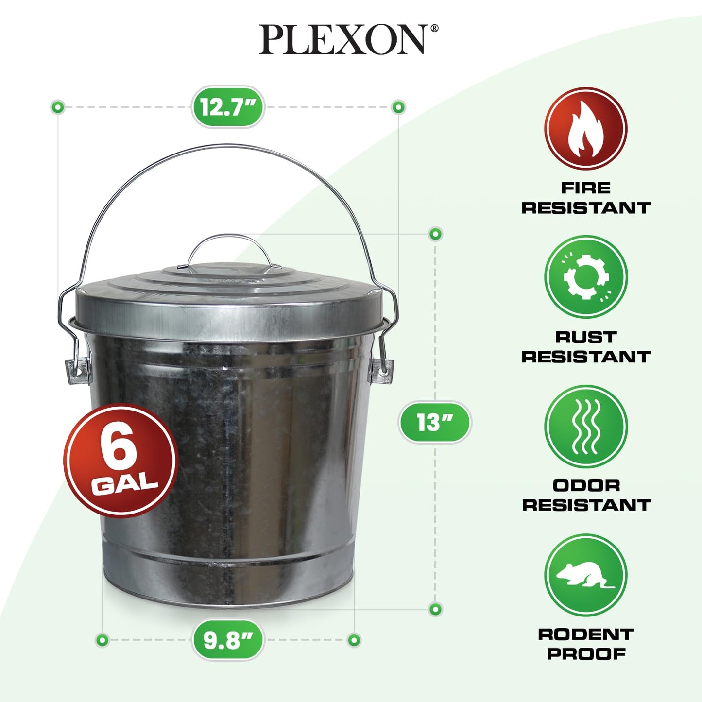 Plexon 6 Gallon Small Metal Trash Can with Lid Outdoor Locking Galvanized Metal Garbage Can with Lid for Poultry Feed Bird Seed Storage Ash Galvanized Bucket