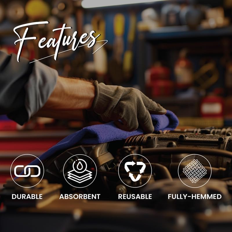 Shop Towels (Blue, 100-Pack) - Bulk Cleaning Towel in a Bag, Mechanic Cotton Wipes for Car Maintenance, Auto Mechanics & Garage, Wipe Grease & Oil, Machine Wash & Reusable