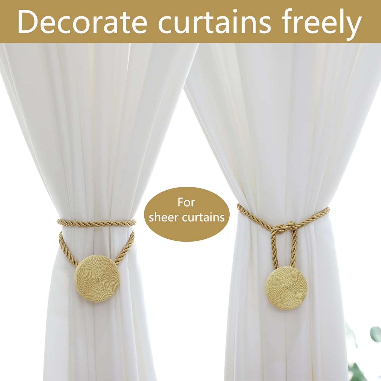 Magnetic Curtain Tiebacks - 12mm Magnetic Tie Backs for Curtains, Heavy Duty No Drill Curtain Holdbacks for Home/Office Windows Drapes, Elegant Gift-Ready Design 7 Colors (4, Gold)