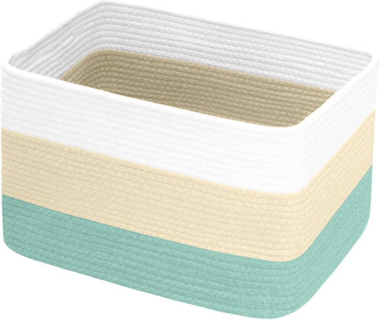 Hopegiver Woven Storage Baskets 15x11x10 Inch, 1 Pack Collapsible Cube Storage Bin for Shelves - Foldable Cotton Rope Organizer Bins for Towels, Toys, Books, Closet, Nursery (White Cream Green)