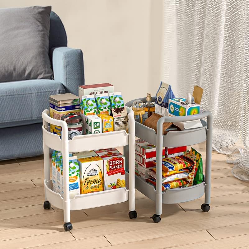 2-Tier Plastic Rolling Utility Cart with Handle Tower Rack Snack Cart with Wheels Multi-Functional Storage Trolley for Kitchen Bathroom Laundry Home Office Living Room Organization, White