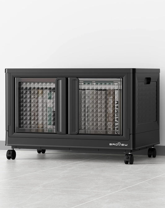 BROVIEW 100 Qt Stackable Storage Bin with Lid & Doors, 1 Pack Plastic Closet Organizer and Storage Drawer with Wheels, Large Collapsible Storage Box, Cabinet for Home, Office, V10, Black