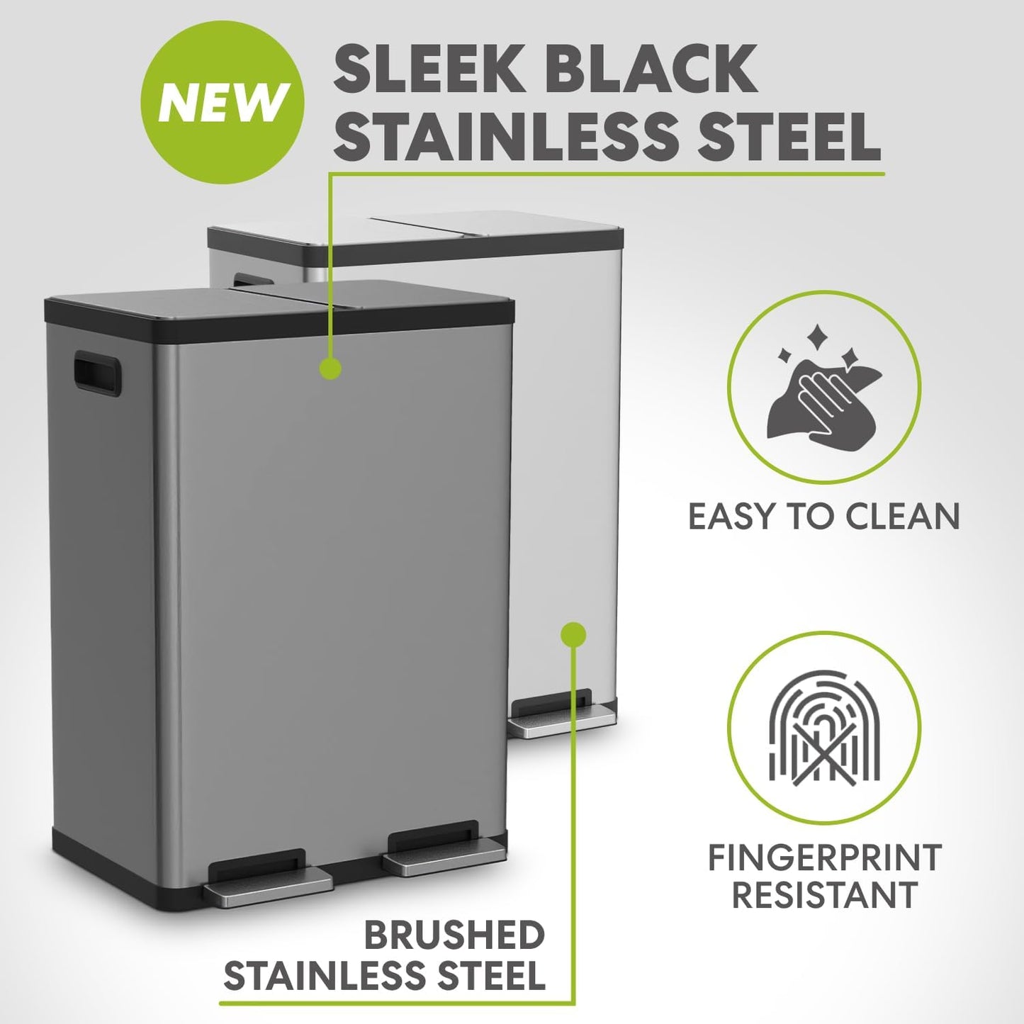 SIMPLI-MAGIC 16 Gallon (60L) Elegant Black Step Trash Can – Dual Compartment Kitchen Garbage Can with Waste & Recycling Bins – Slow-Close Lid, Odor Control, Hands-Free, Premium Stainless Steel