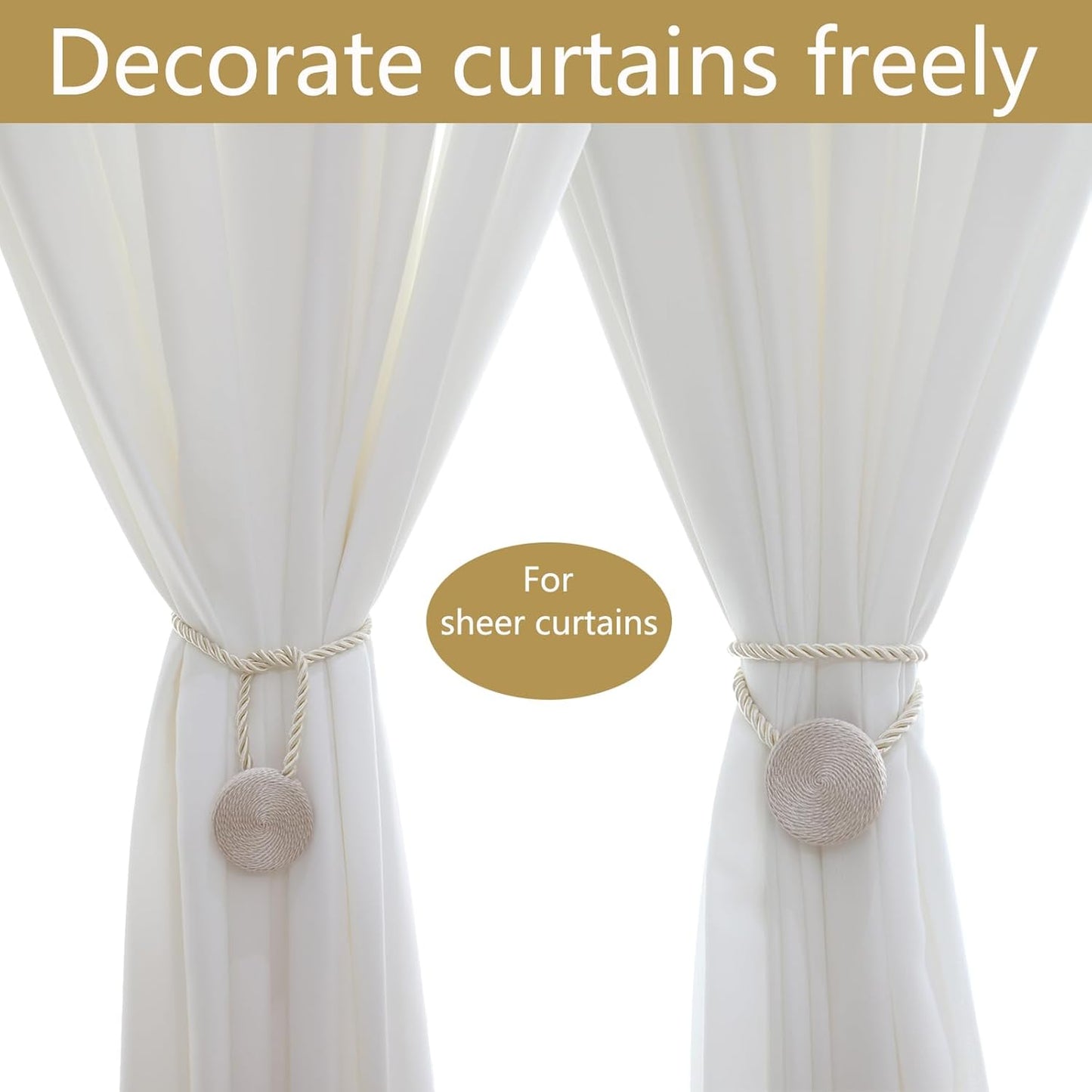 Magnetic Curtain Tiebacks - 12mm Magnetic Tie Backs for Curtains, Heavy Duty No Drill Curtain Holdbacks for Home/Office Windows Drapes, Elegant Gift-Ready Design 7 Colors (2, Beige)
