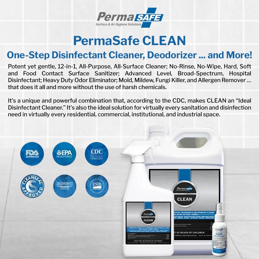 PermaSafe CLEAN, All-Purpose Hospital Disinfectant Cleaner; No Rinse, Hard, Soft & Food Contact Surface Sanitizer; Mold, Mildew and Fungi Killer; Odor Eliminator; Allergen Remover & More (32 Fl Oz)