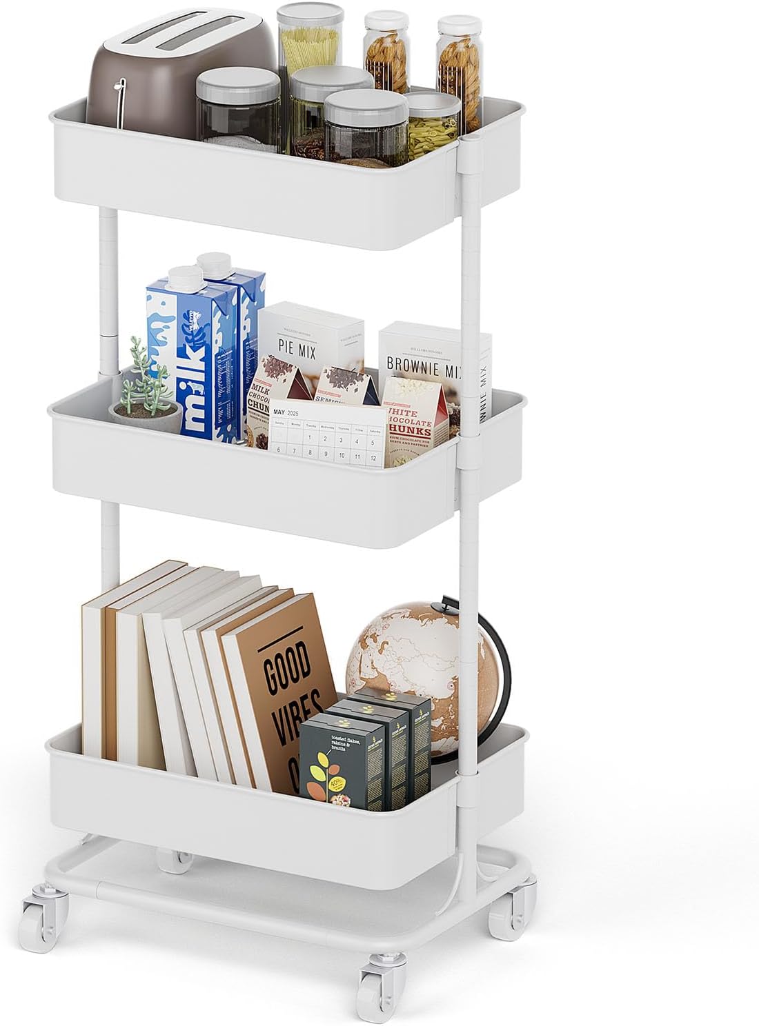 3 Tier Modern Metal Rolling Tool Cart with Silent Casters, 17.72×12.40×35.04 inch Heavy Duty Organization Truck Trolley Organizer for Office, Living Room, Kitchen, (White)