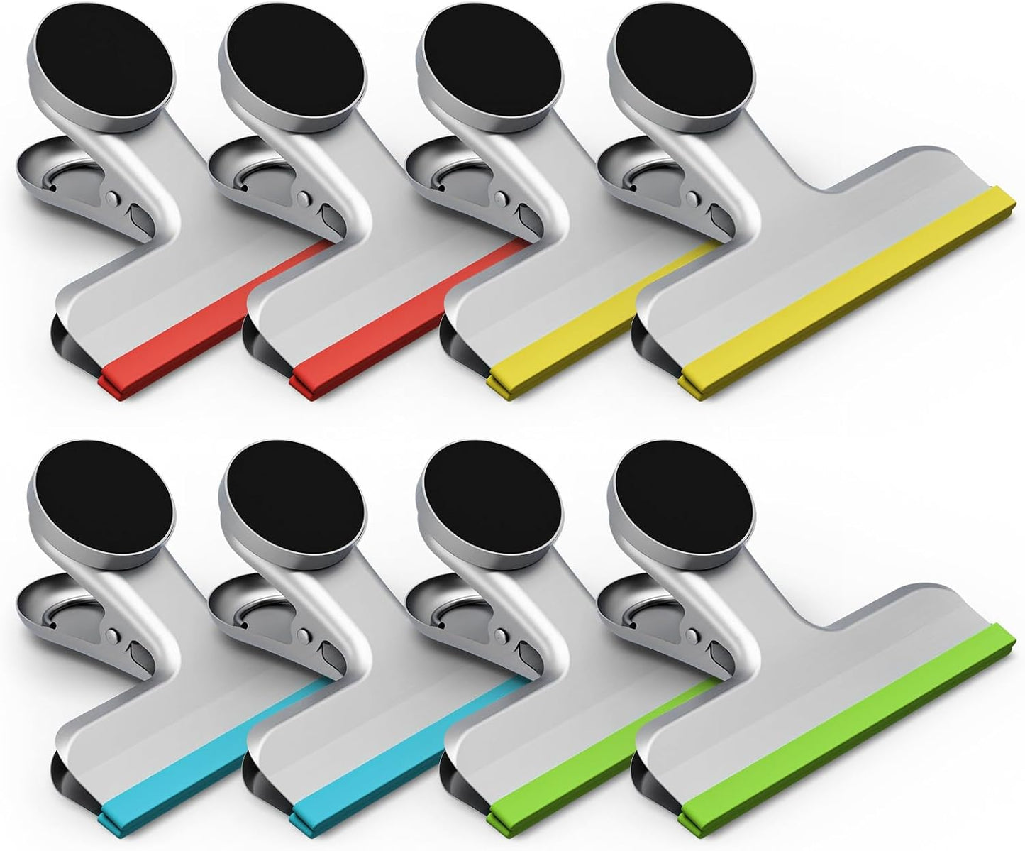 HOUSE AGAIN 8 Pack Stainless Steel Magnetic Chip Bag Clips Covered with Silicone - NO More Sharp Edges - Color Coded for Food Bags - Hang Postcards Heavy Duty for Kitchen and Office, 3 Inches Wide
