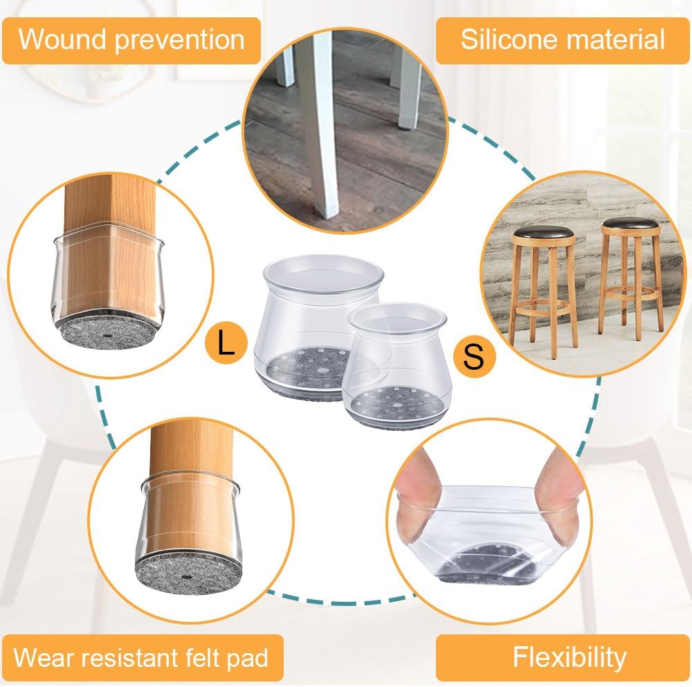 16 Pcs Chair Leg Protectors for Hardwood Floors, Silicone Felt Furniture Leg Cover Pad for Protecting Floors from Scratches and Noise, Smooth Moving,Large(Fit Round Diameter：1-5/16" to 2")