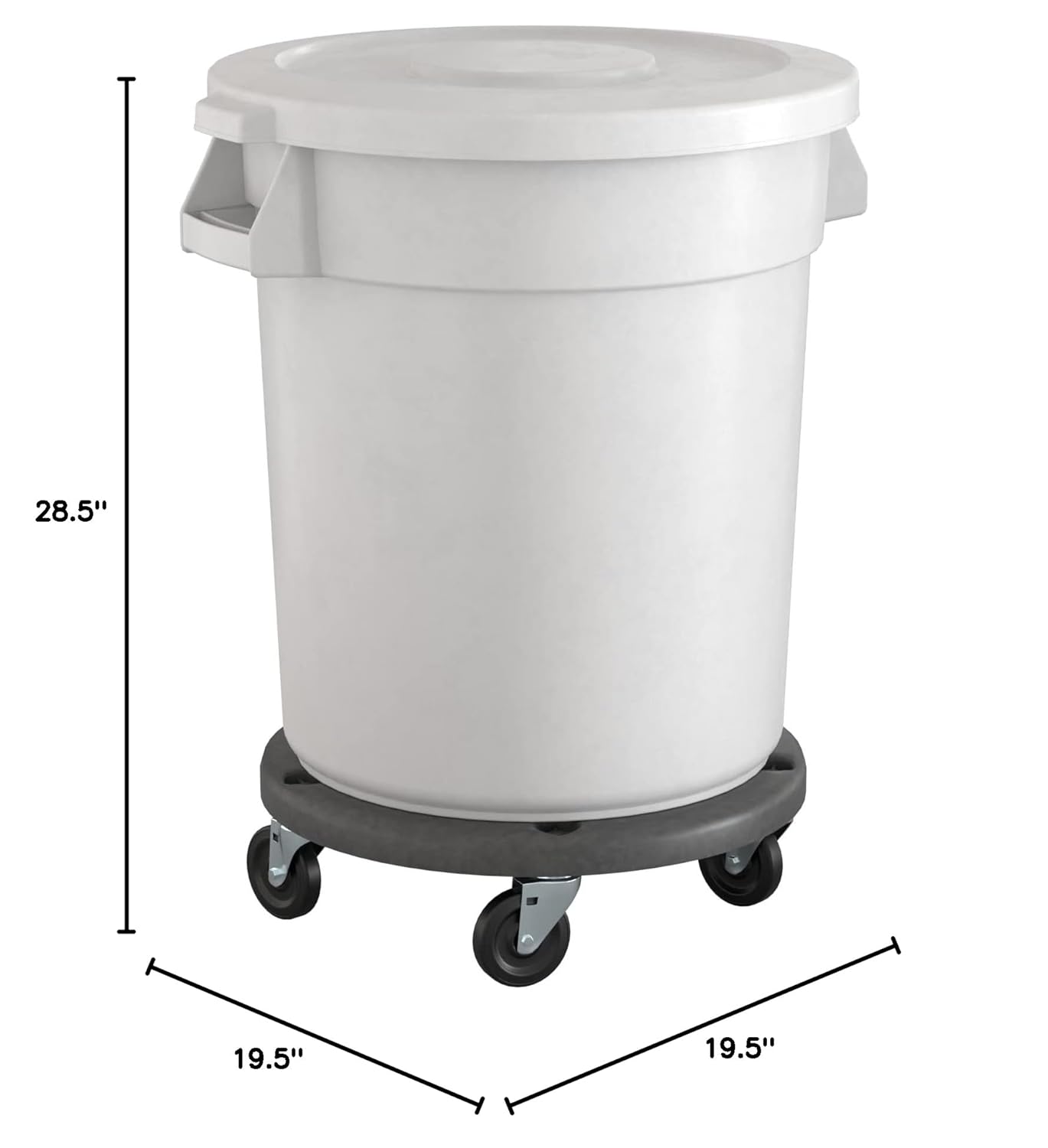 20 Gallon White Round Commercial Trash Can with Lid and Dolly