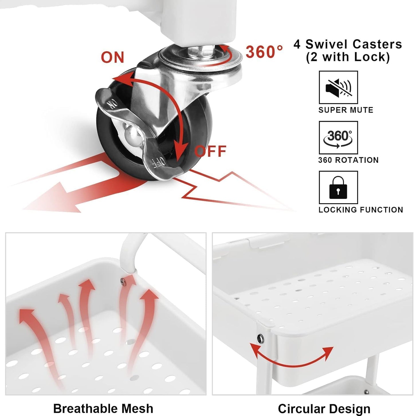 3-Tier Utility Rolling Cart,Mobile Utility Cart with Lockable Caster Wheels,Storage Shelves Organizer Cart, 3 Hanging Baskets, Easy Assembly,for Bathroom, Kitchen, Office, Workshop