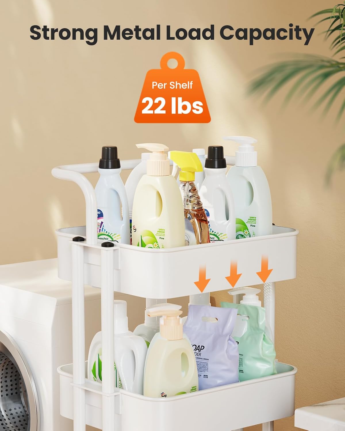 Pipishell 4 Tier Mesh Utility Cart, Rolling Metal Organization Cart with Handle and Lockable Wheels, Multifunctional Storage Shelves for Kitchen Living Room Office White, PIUC12W