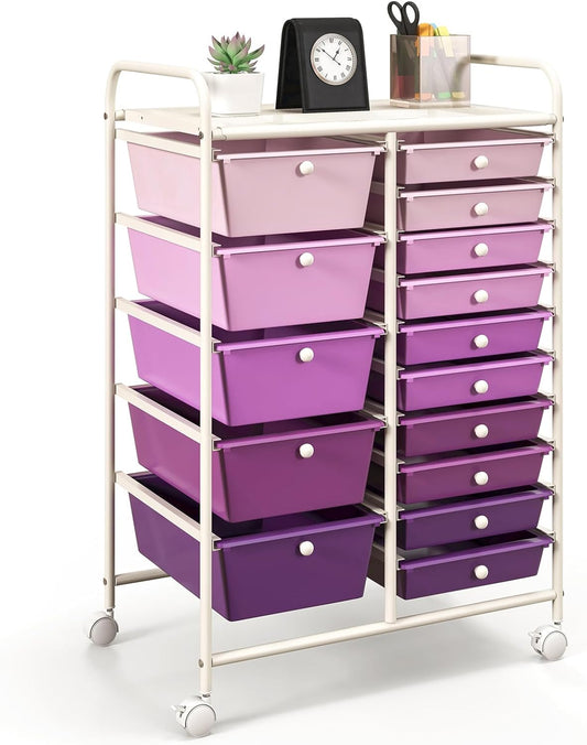 GOFLAME 15-Drawer Rolling Storage Cart, Multipurpose Movable Organizer Cart, Utility Cart for Home, Office, School, Purple Gradient