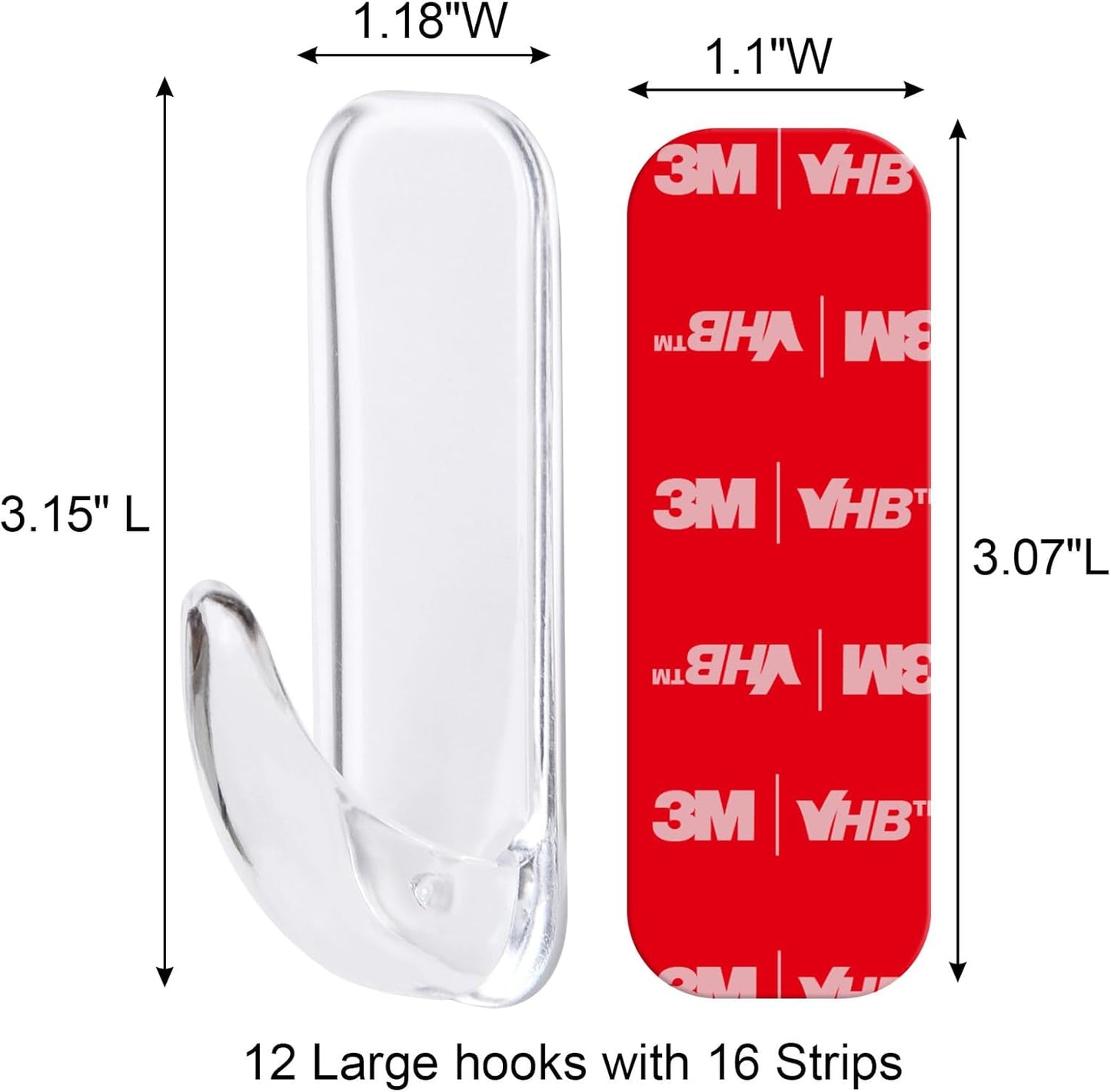 Wall Hooks for Hanging Heavy Duty, Large 12 Self Adhesive Wall with 16 Strips no Damage, Transparent Sticky for Key, Shower,Towel, Coat, Door, Hat