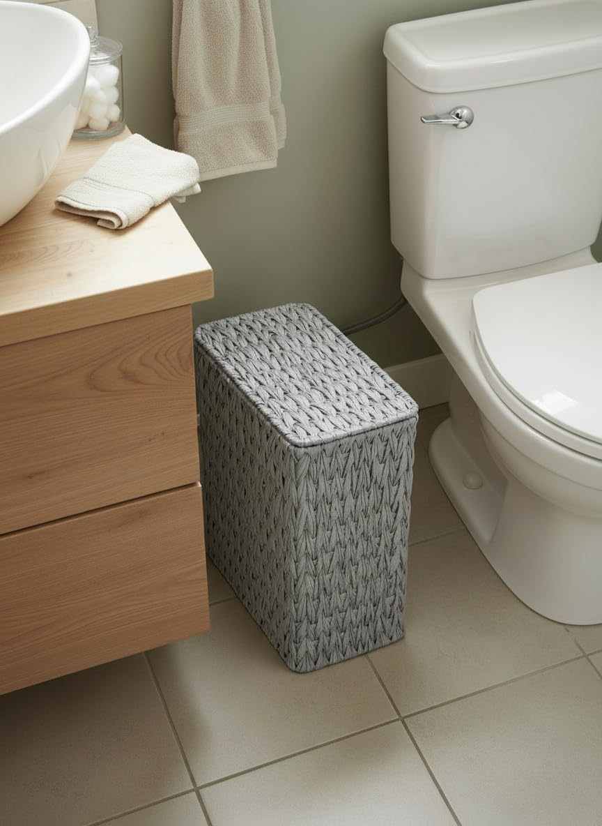 3 Gallon Wicker Trash Can,Grey Bathroom Trash Cans with Lid,Waterproof Slim Waste Basket for Bedroom,Home Office,Narrow Garbage Can with Removable Liner