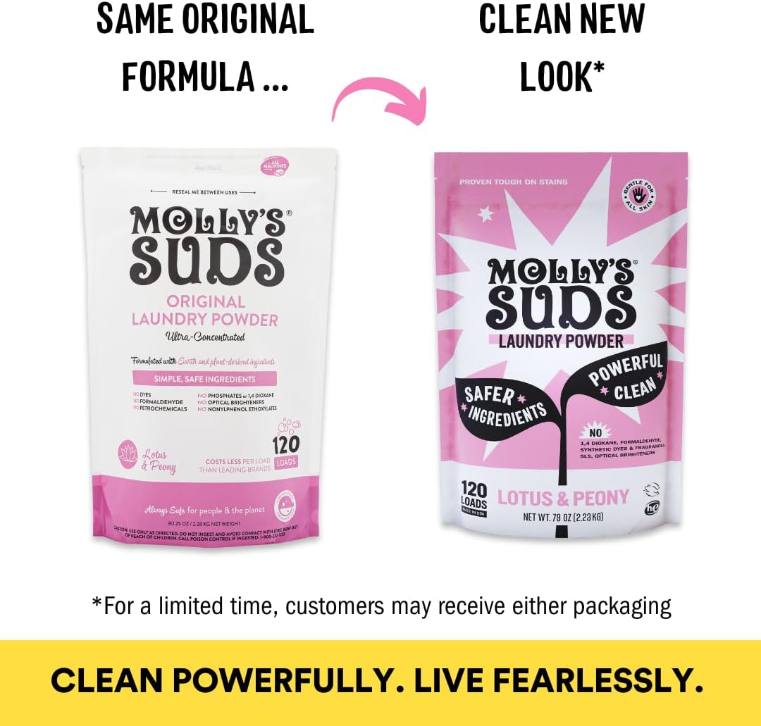 Molly's Suds Original Laundry Detergent Powder | Clean Laundry Detergent Powder for Sensitive Skin | Simple, Effective Ingredients, Stain Fighting | 120 Loads (Lotus & Peony)