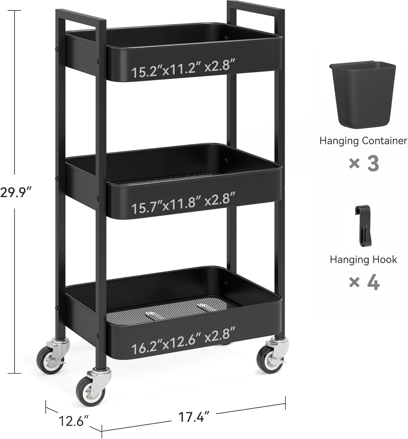 3 Tier Rolling Cart,Utility Cart with Locking Wheels, Hanging Cups & Hooks, Heavy Duty Metal Storage Organizer Cart for Kitchen,Office, Bathroom,Craft Room,Black