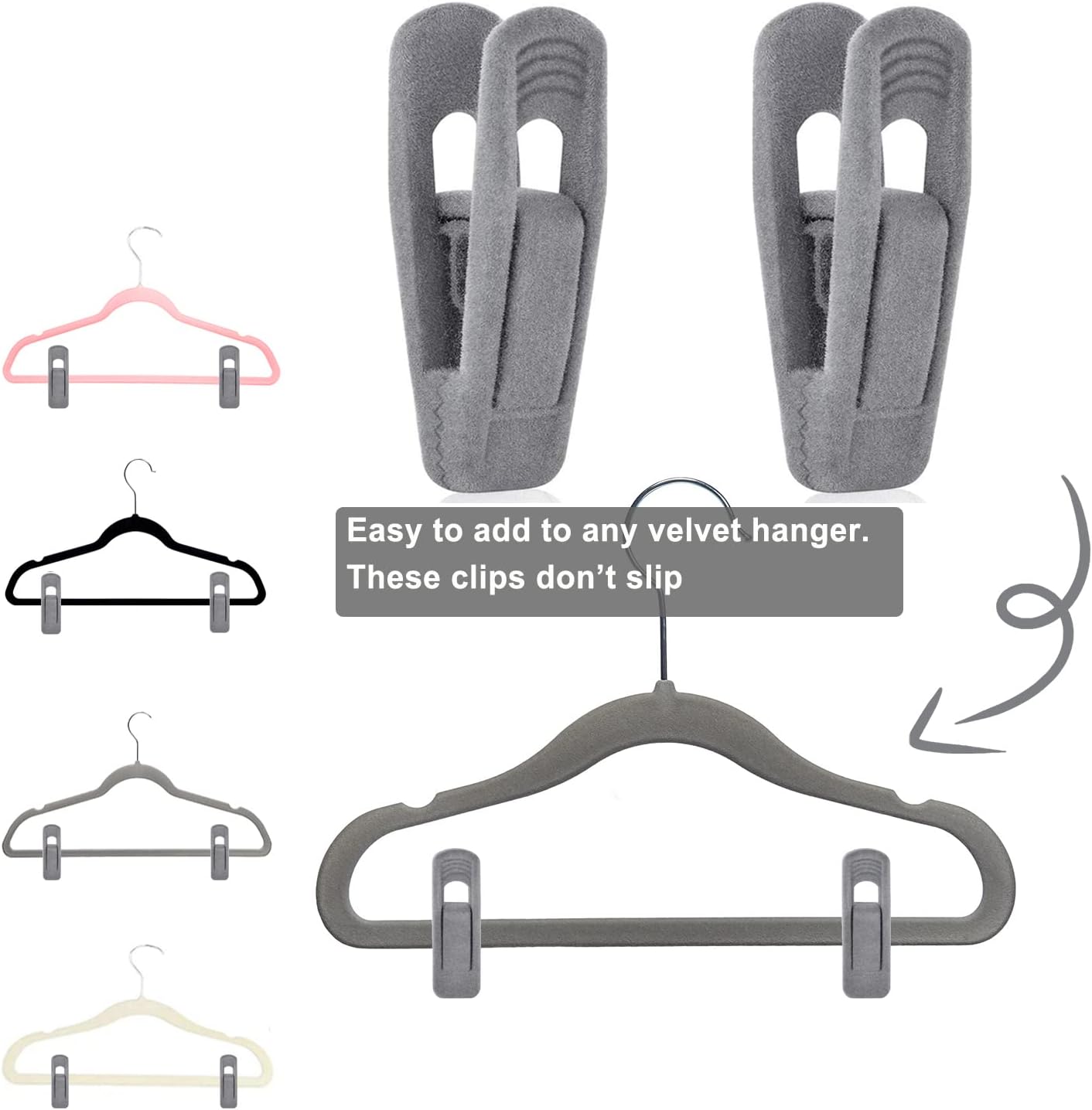 Grey Hanger Clips for Velvet Hangers - 40 PCS Gray Nonslip Velvet Hanger Clips, Skirt Hanger Flocking Clips Fit for Slim Velvet Hangers