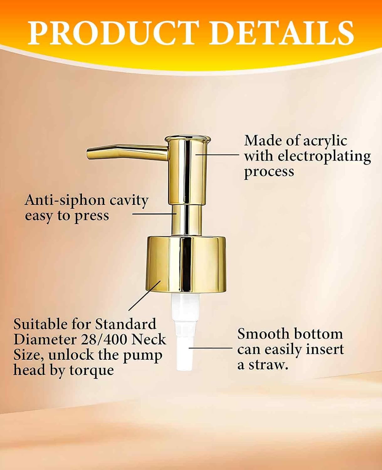 6 Pack Gold Soap Dispenser Pump, Top Replacement for Lotion & Regular Glass Bottles (Standard Diameter 28/400 Neck Size)
