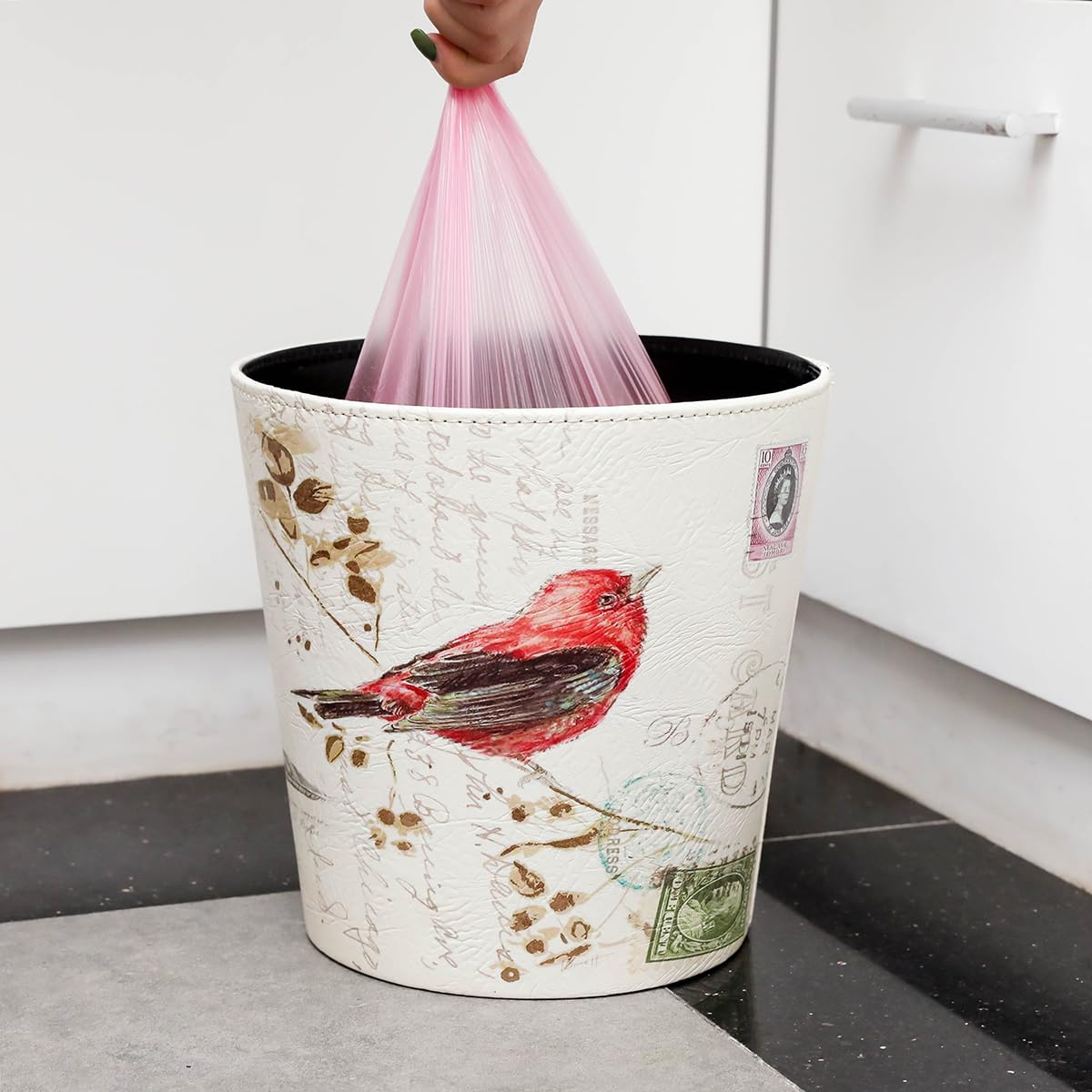 PU Leather Small Trash Can Wastebasket, Round Garbage Container Basket for Bathrooms, Laundry Room, Kitchens, Offices, Kids Rooms, Bedrooms,Dorms,Home Decorative Art Bin, 2.9 Gallon(Bird Design)
