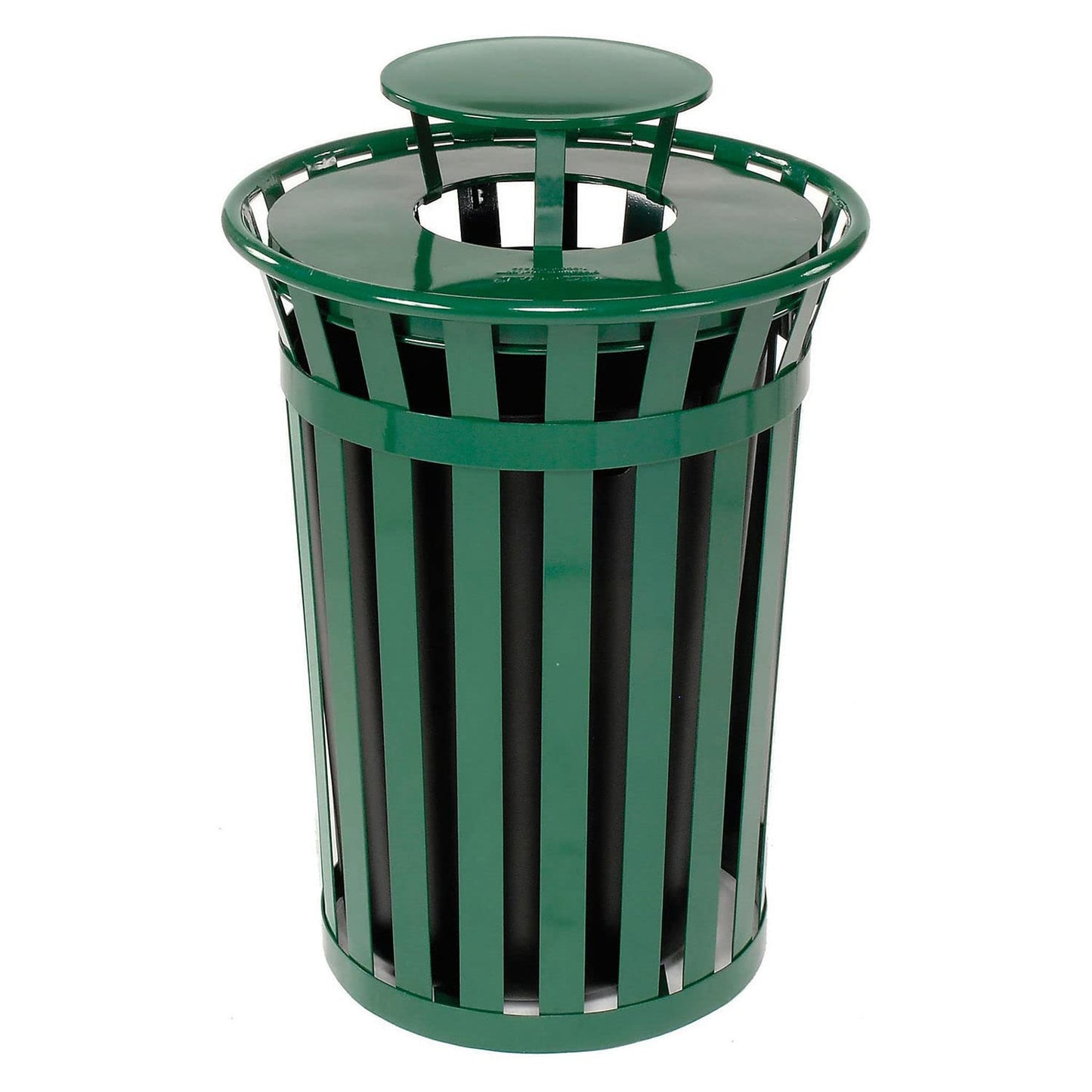Global Industrial Heavy-Duty 36 Gallon Capacity Outdoor Metal Slatted Trash Receptacle with Rain Bonnet Lid & Plastic Liner, Green, Commercial & Industrial Trash Can