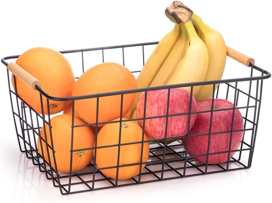 LeleCAT Wire Baskets with Wooden Handles Wire Storage Organizer Bin Baskets, Pantry, Closets, Bedrooms - Set of 2（Black）