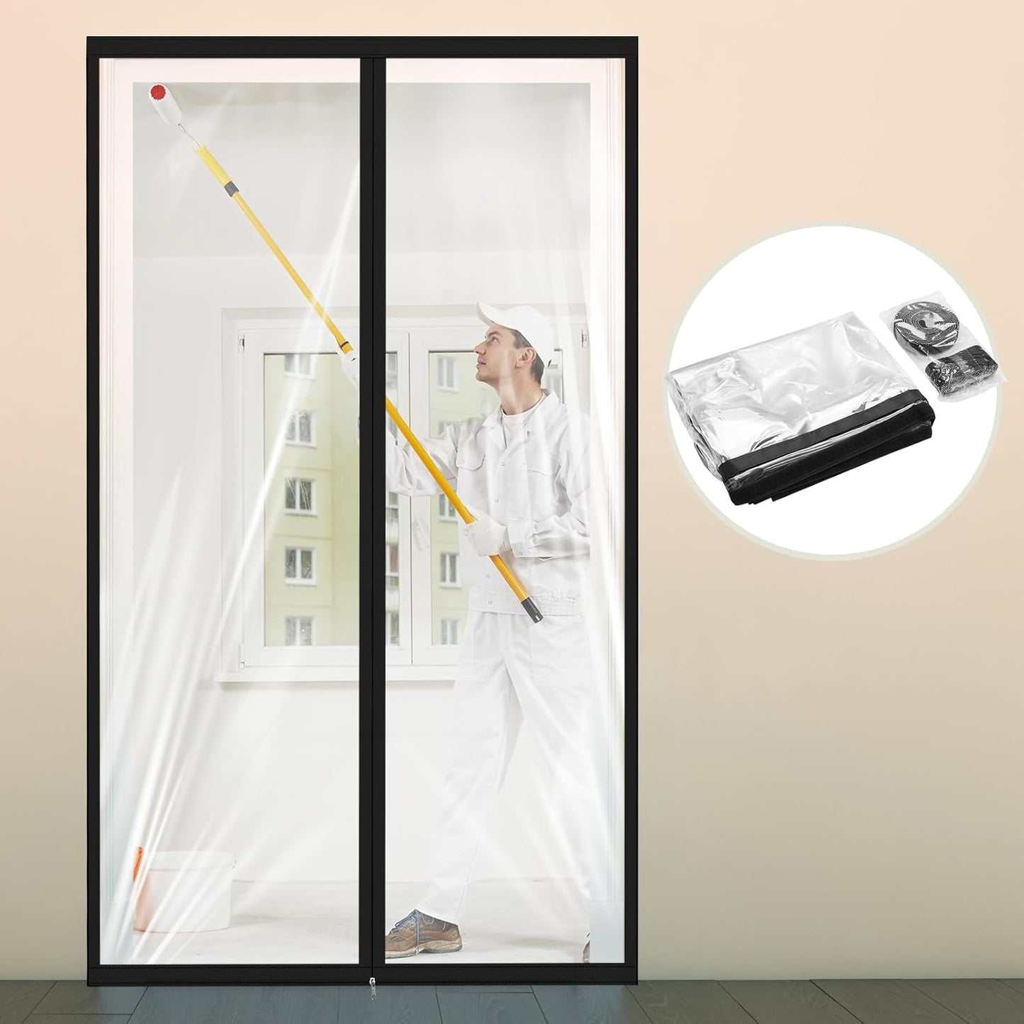 Amylove Zipper 38 x 83 Inch Dust Barrier Door Kit Construction Door Barrier 3 x 7 ft Reusable Plastic Curtain Cover Containment Standard Doorway Temporary Wall Screen Sheeting for Bathroom Hallway