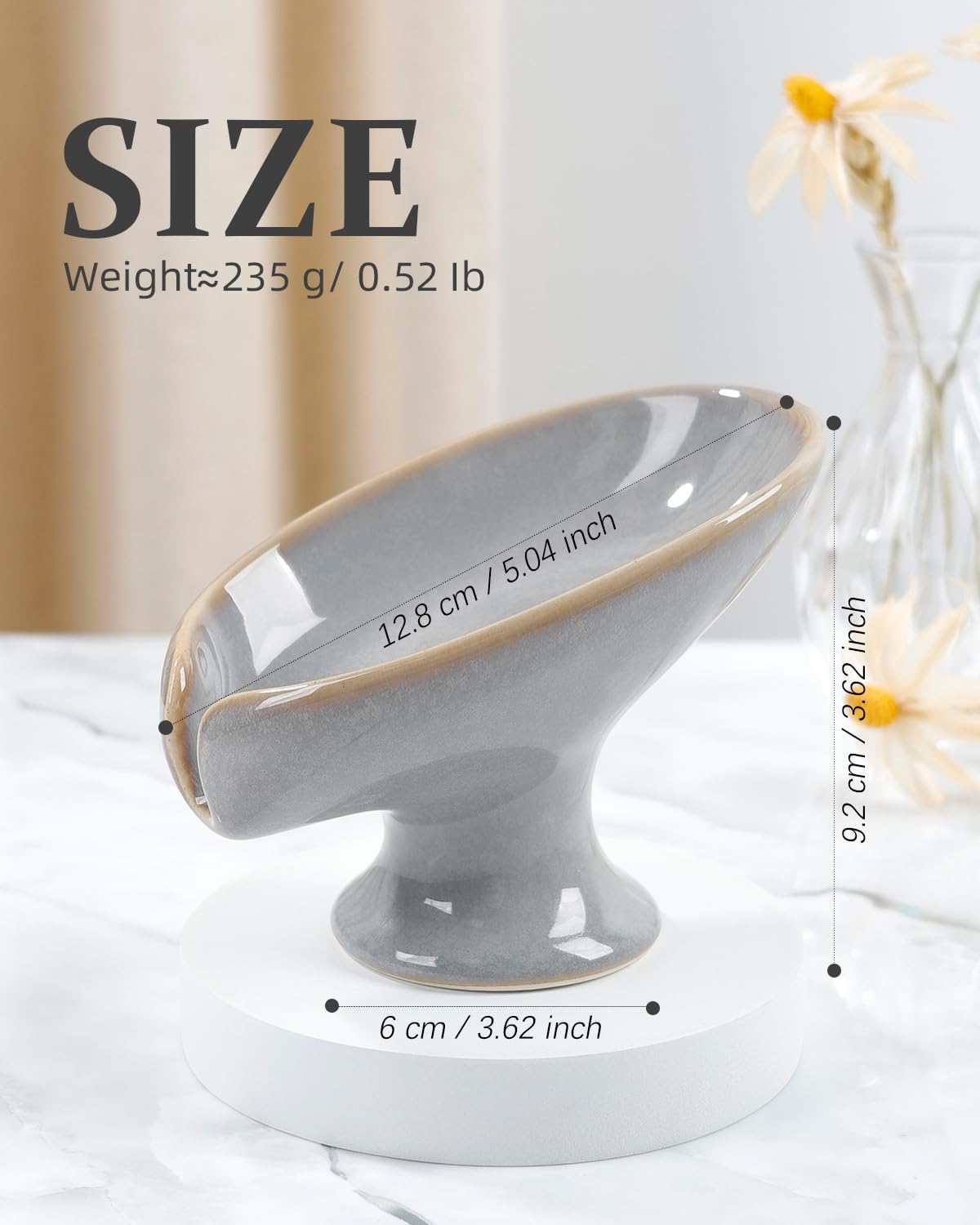 Soap Dish, Self Draining Bar Soap Holder for Bathroom Sink, Leaf Shaped Drainage Ceramic Porcelain Decorative Soap Dish, No Suction Cup, Kiln Stone Gray, ANTIS'S HOME