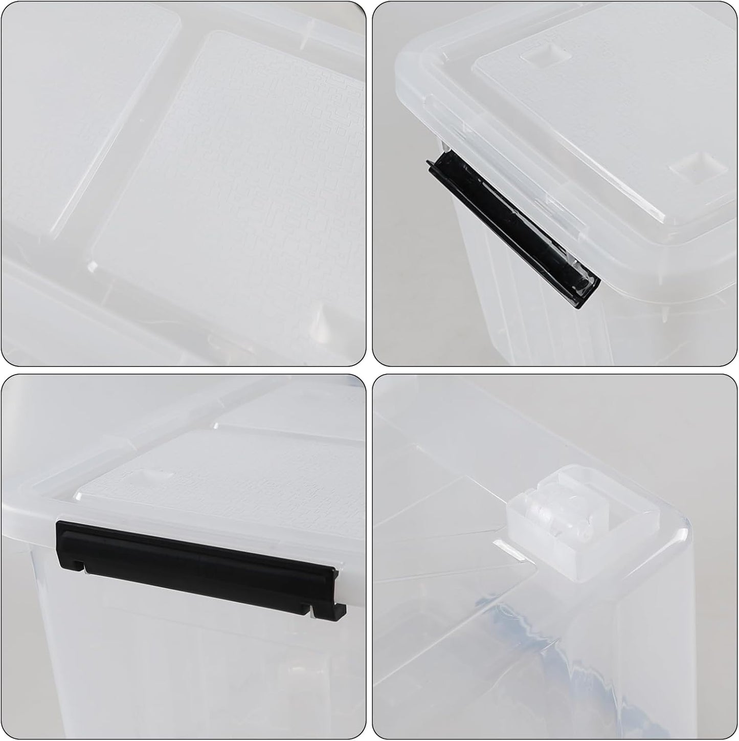 Zopnny 30 Quart Plastic Stacker Box, Large Storage Bin Container with Latching Lids and Wheels for Home and Garage Organizing, Shoes, Tools, Clear Base, 4-Pack